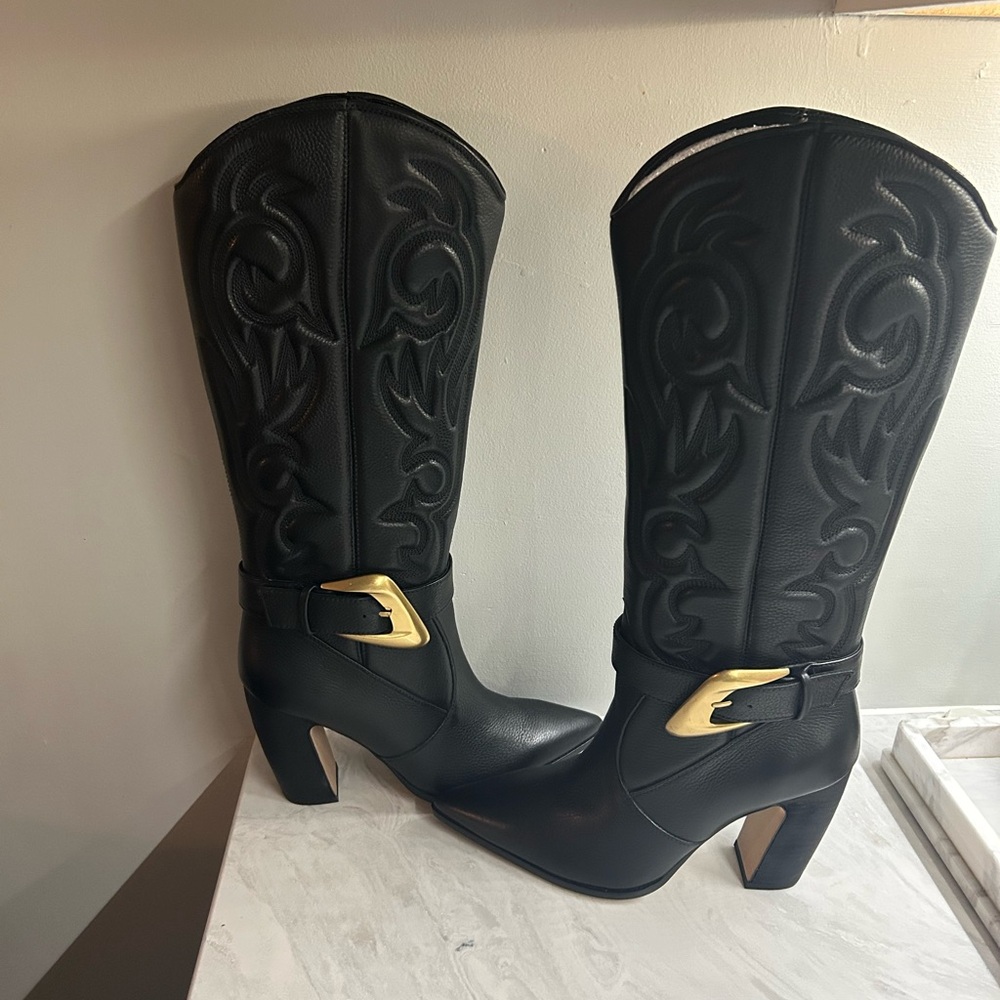 Vince Camuto Elegant Black Leather Boots with Gold Buckle